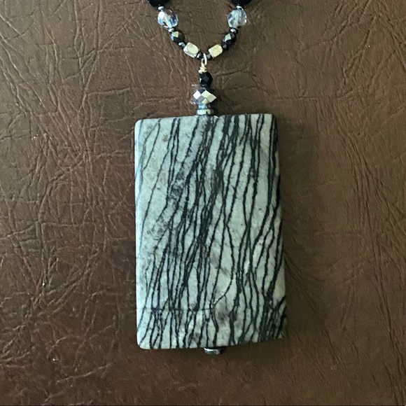 Black Lined Jasper Stone Necklace with Black and Metallic Beads - Picture 5 of 8